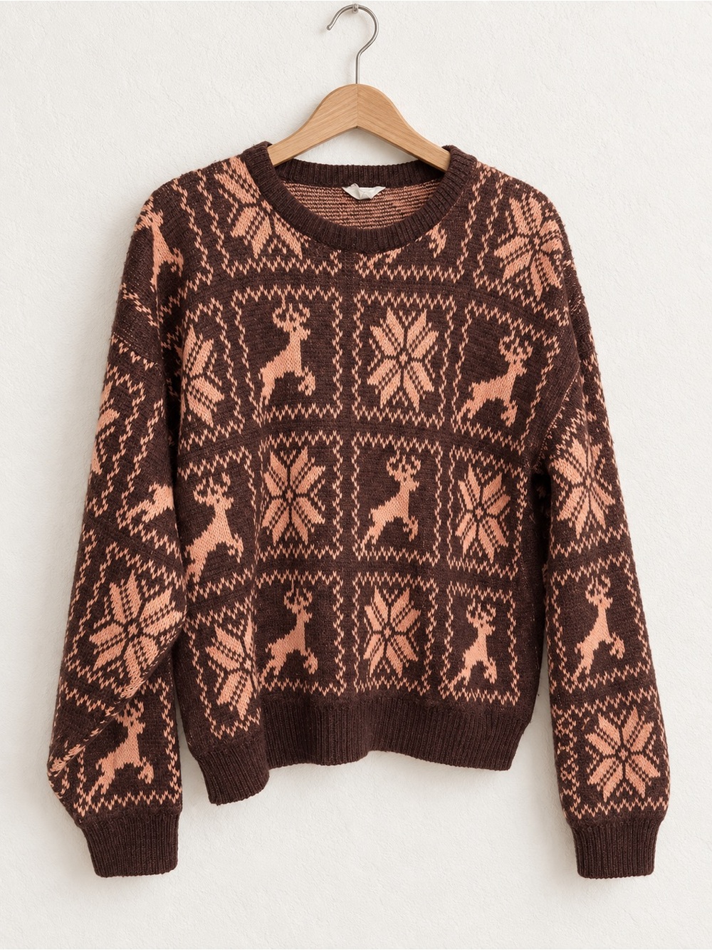 Retro Brown Reindeer Snowflake Nordic Knit Sweater M
